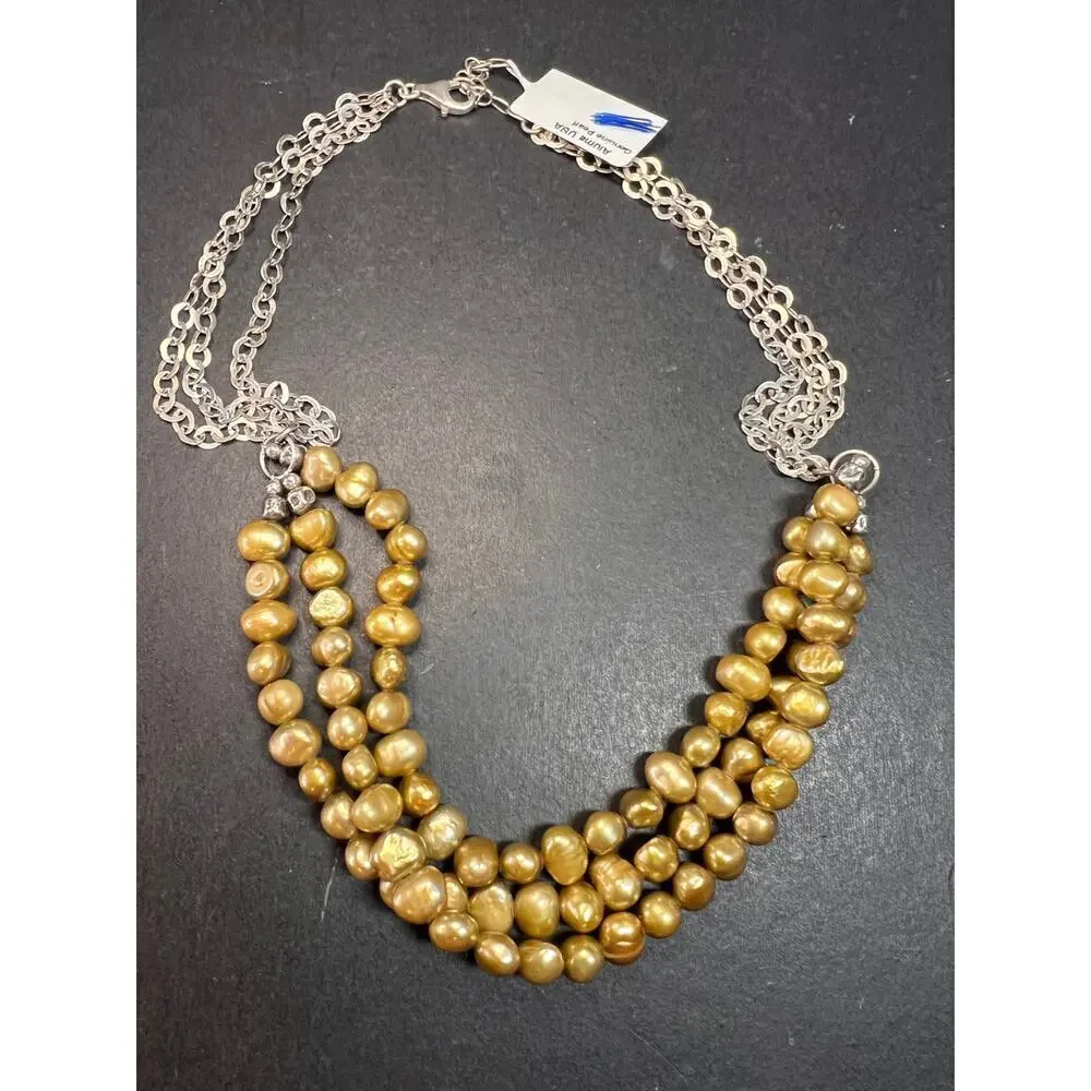 NEW golden green freshwater pearl and sterling silver necklace